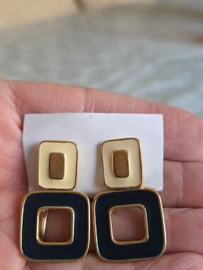 Monet Gold-Tone Black & Cream Enamel Geometric Drop Earrings
